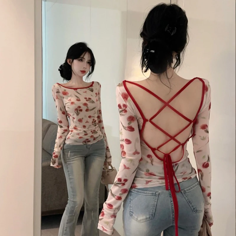 

Sexy retro romantic rose print strap backless long-sleeved mesh shirt for women's early spring new slim-fit outer blouse