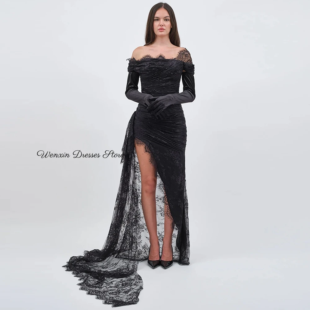 

Black Lace Evening Dresses Customized Off the Shoulder Celebrity Gowns Sexy High Split Asymmetrical Special Occasion Gowns