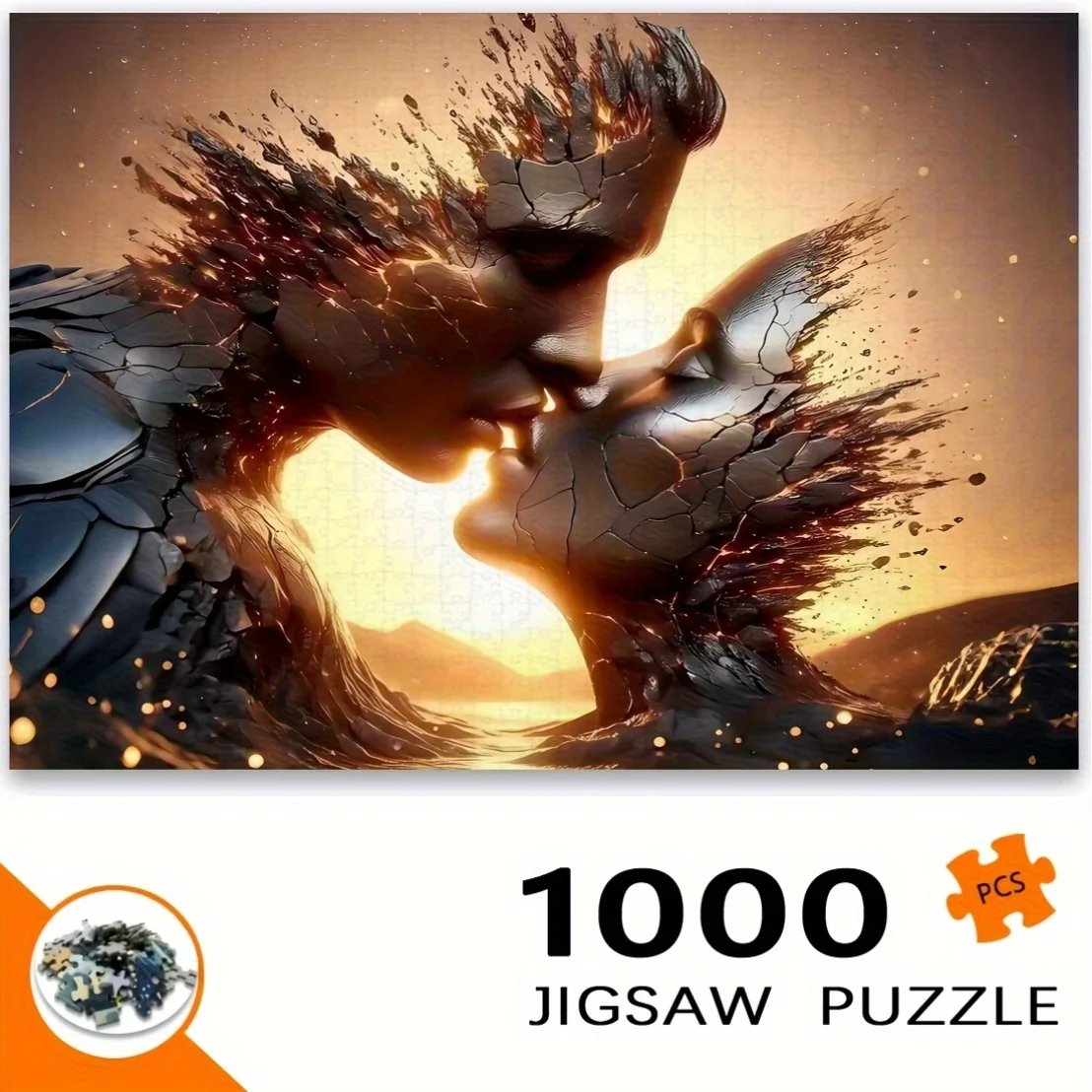 Rompecabezas con temática de amor de 1000 piezas: diseño "Because of Love, Let'S Love Together", arte rectangular blanco sin marco, cuboide portátil S