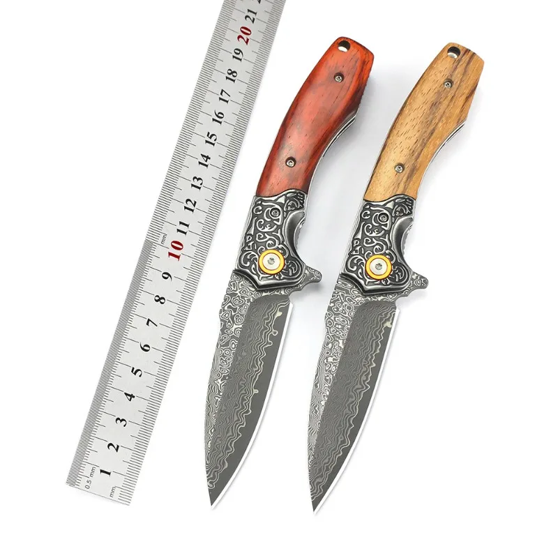

New Pocket Folding Knife Damascus Blade Wood Handle Camping Survial Outdoor Hunting Tactical Utility Kitchen Knives EDC Tools