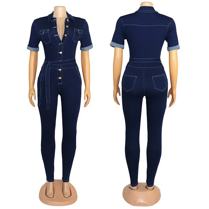 Elegante Jeans Overalls & Strampler für Frauen Drehen Unten Kragen Einreiher Hohe Qualität Afrikanische Mädchen Overalls Kleidung Outfits