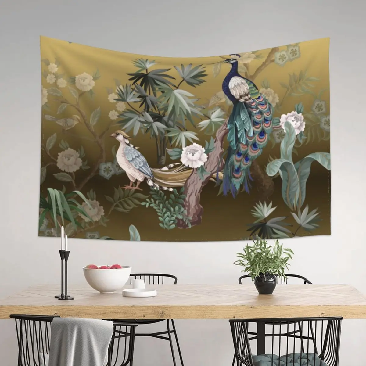 

Fengshui Oriental Chinoiserie - Gold Leaf Garden with Peacock and Quail Tapestry Custom Funny Aesthetic Decoration Tapestry
