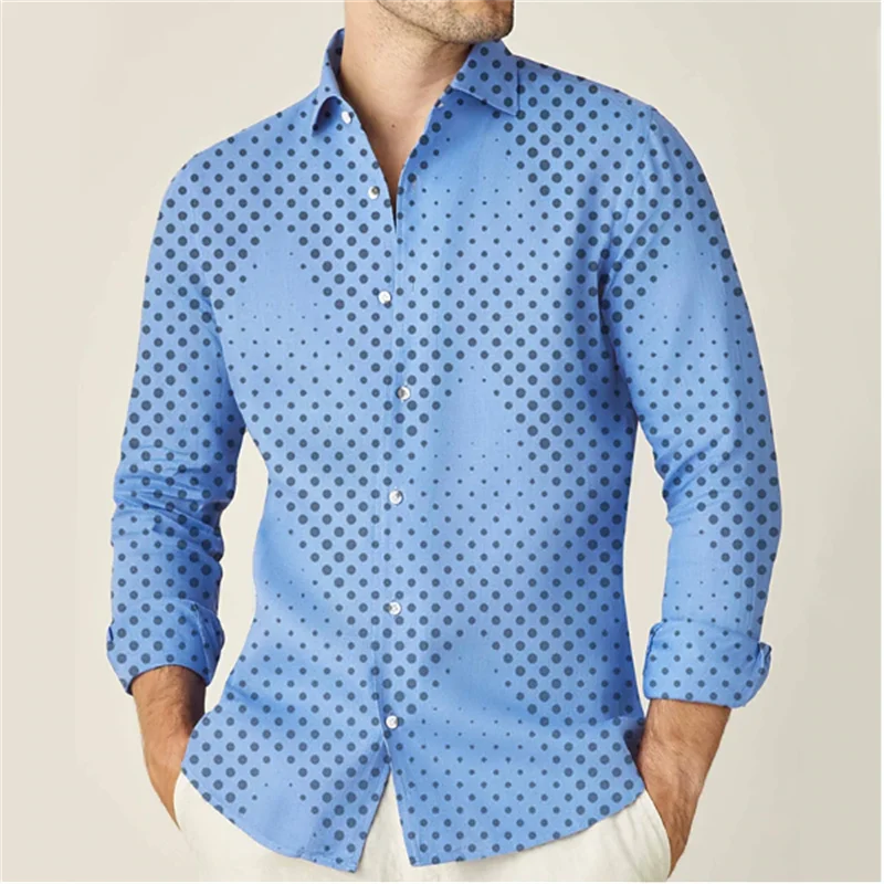 Camisas de moda para hombres, camisa de colores sólidos, estampado geométrico, azul, calle al aire libre, ropa de calle de manga larga, Top informal de diseñador, nuevo