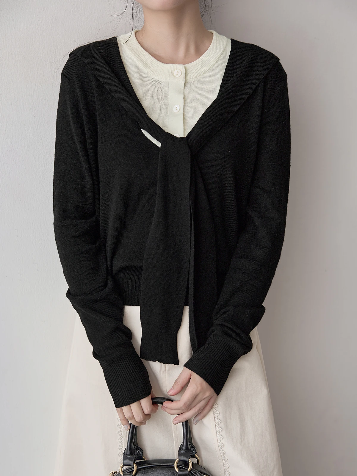 

HuiXi Women's Knitted Sweater Fake Two-Piece Belted Ele Design Spring 2026 Korean Sle Commute Long Sve round Ne