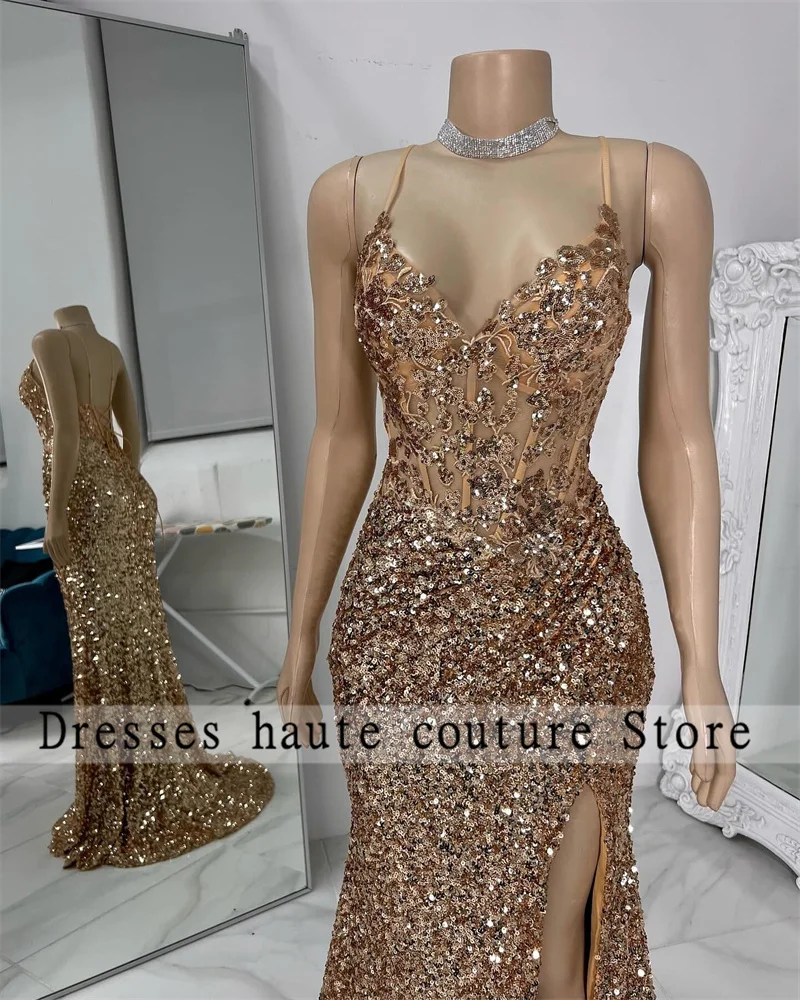 

Sparkly Gold Sequins Long Prom Dresses For Black Girl 2024 Appliques Mermaid Side Slit Evening Dresses Backless Birthday Gown