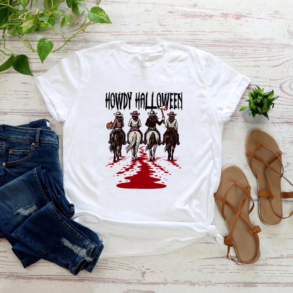 

Howdy Halloween T-shirt Western Halloween Girls T-Shirt Vintage Short Sleeve Women's Tshirt Funny Cowgirl Tee Streetwear Tops