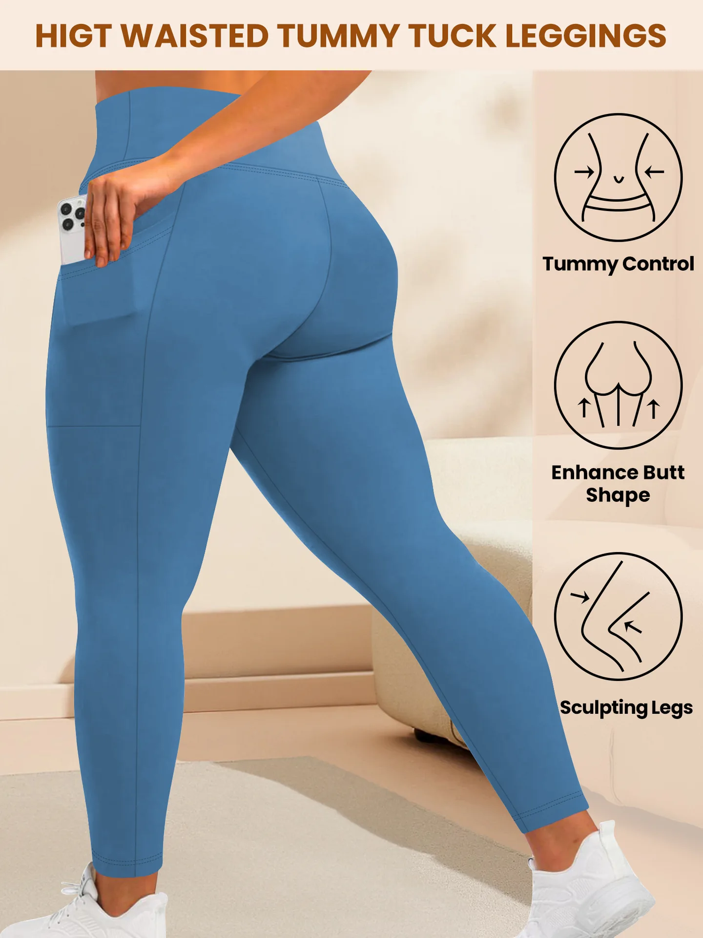 Damen-Yogahose mit hoher Taille, Übergröße, Po-Lifting-Workout-Leggings mit Taschen, elastische Activewear für Fitnessstudio und Laufen – Detail 13