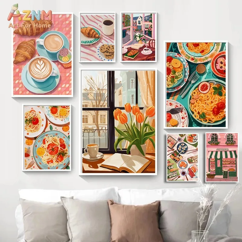 AZNM Cozy Coffee Pasta Tulip - Arte de pared en lienzo sin marco para cocina, estampado estético de flores y comida para decoración del hogar