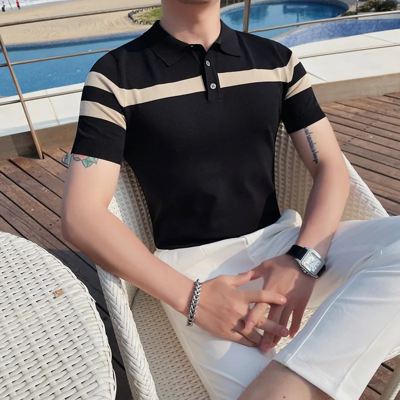 2023 High Quality Men\'s Knitted Ice Silk Polo Shirt Summer New High-end Business Casual Lapel Short Sleeve T-shirt