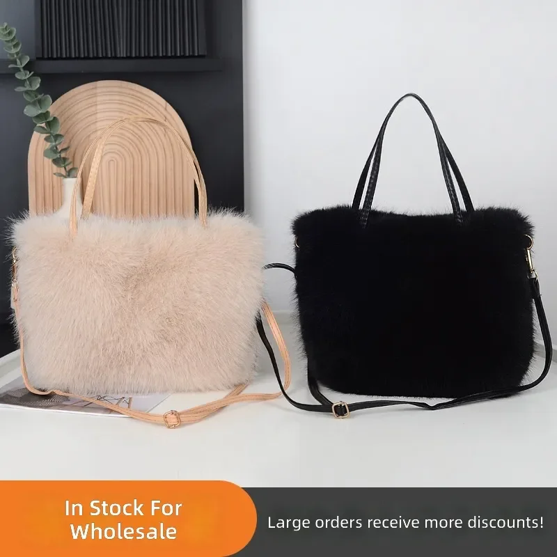 Bolso de hombro de felpa de imitación de zorro, estilo elegante de invierno, material de piel sintética suave para mujer, a la moda, para viajes diarios