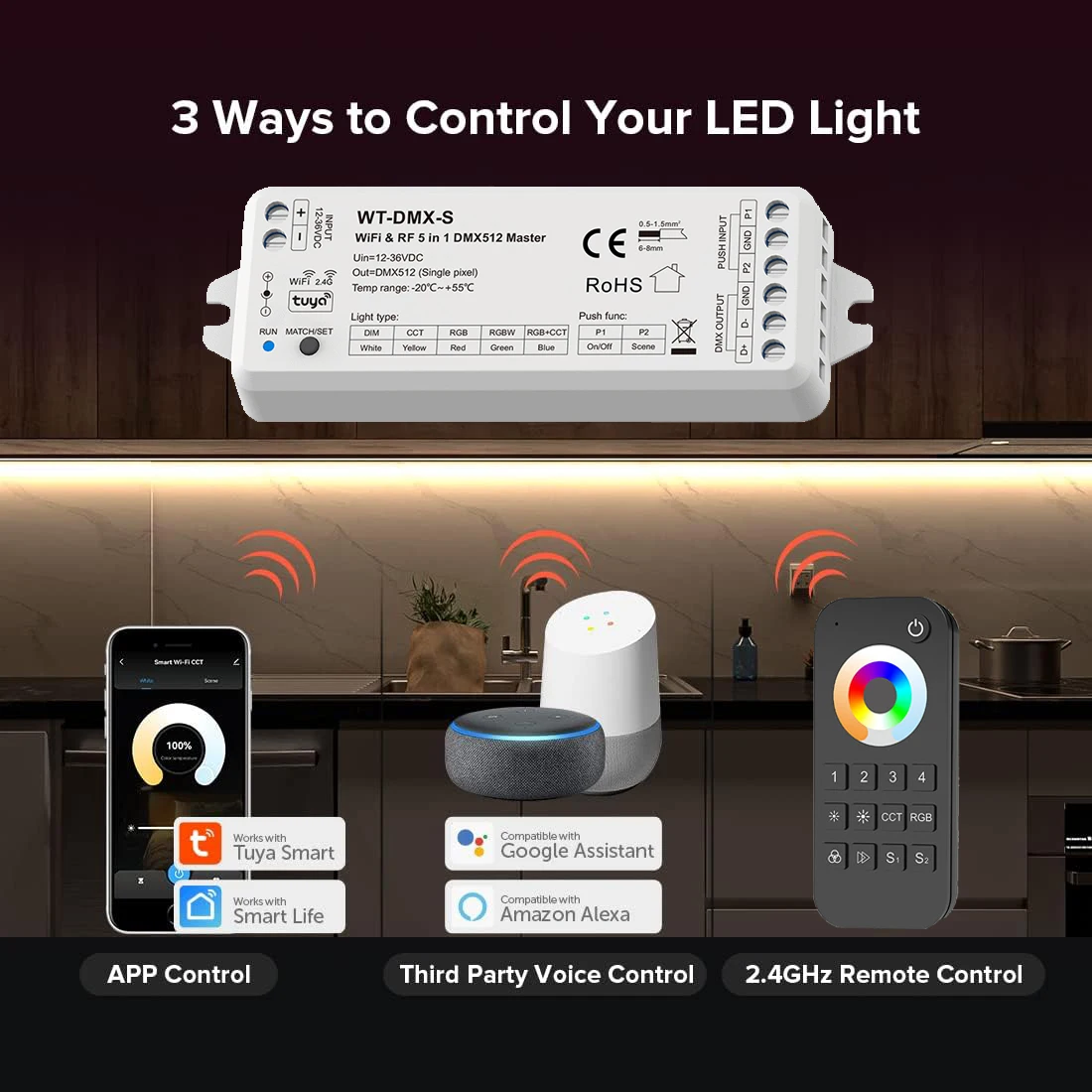 TUYA WiFi RF DMX512 Master 5CH Wyjście sygnału DMX 8-bitowy 16-bitowy z funkcją ściemniania Push Smart Control 4-strefowy pilot zdalnego sterowania