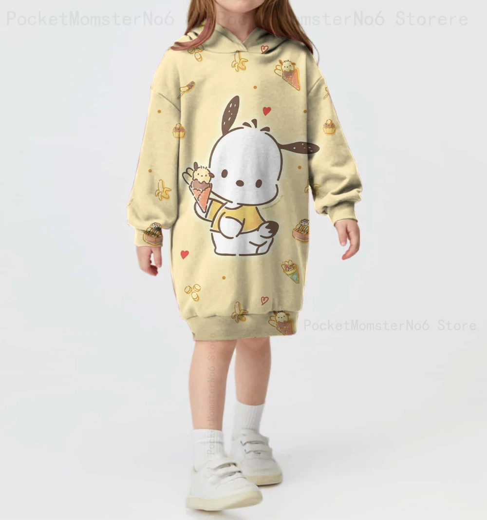 Sanrio Series 2025 New Children's Clothing Autumn and Winter Hoodie Cartoon Pochacco Pacha Dog Print Street Girls Hoodie Dress