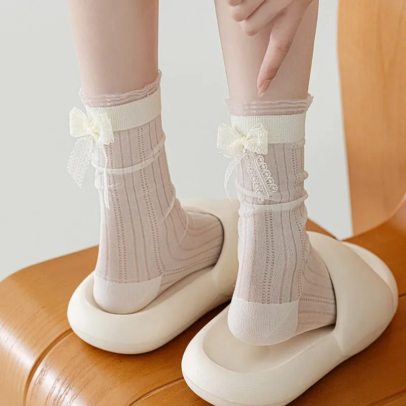 Modne skarpetki z falbankami, siateczką i kokardką, w stylu baletowym Lolita, do połowy łydki, damskie, oddychające, słodkie skarpetki, bielizna pończosznicza dla kobiet.