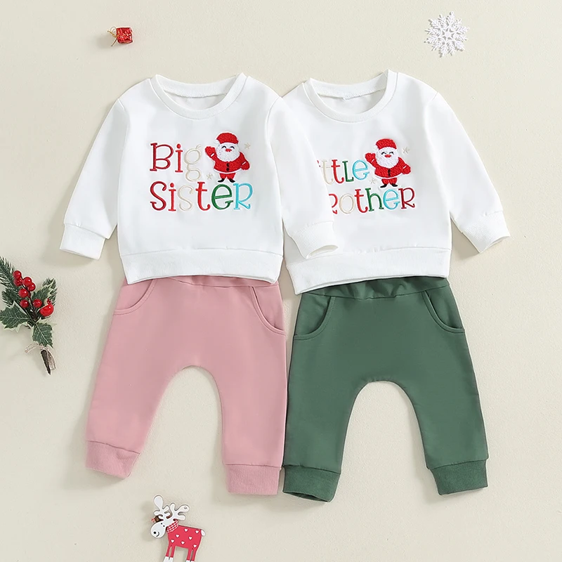 Suefunskry Baby Christmas Matching Outfits for Sister Brother Long Sleeve Santa Claus Embroidery Sweatshirt Elastic Waist Pants image 6