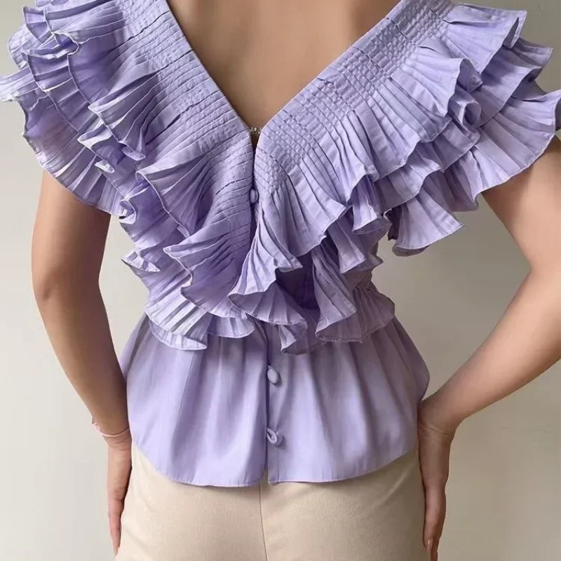 OCEANLOVE Summer Blusas Feminina Solid Ruffles Vintage V Neck Sexy Women Blouses Korean Fashion Elegant Pleated Short Shirts