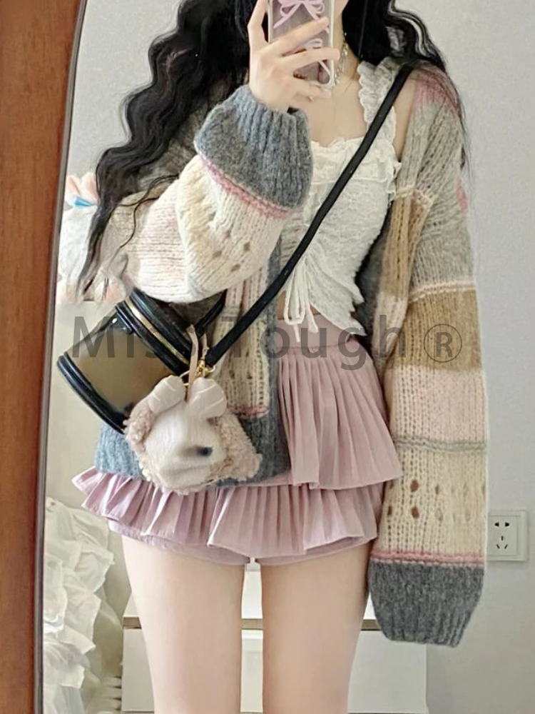 Winter Korean Sweet 3 Piece Set Women Warm Elegant Vintage Skirt Suit Colorful Knit Sweater + White Vest + Pink Mini Skirt 2024