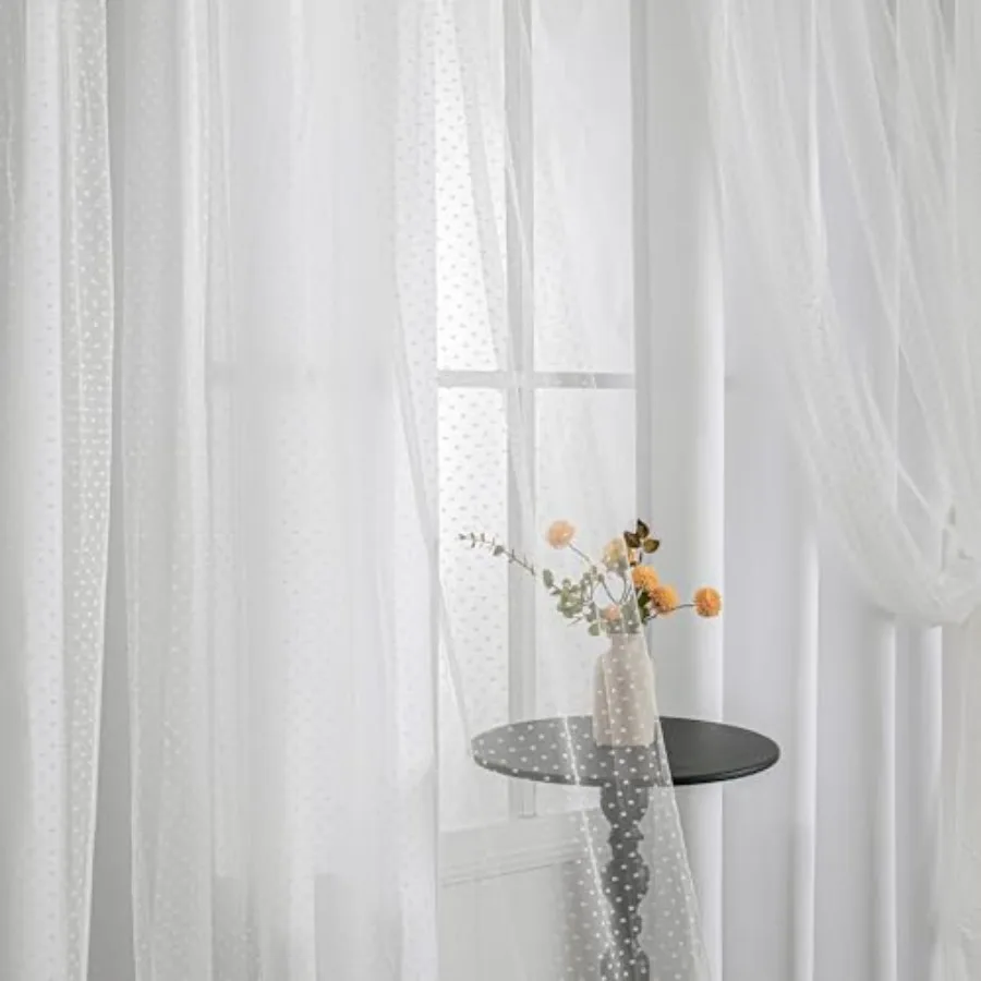 

White Curtains for Girls Bedroom and Nursery Cute Curtains Double Layer with Polka Dots Sheer, Grommet Tops, 52x84 Inch Each Pa