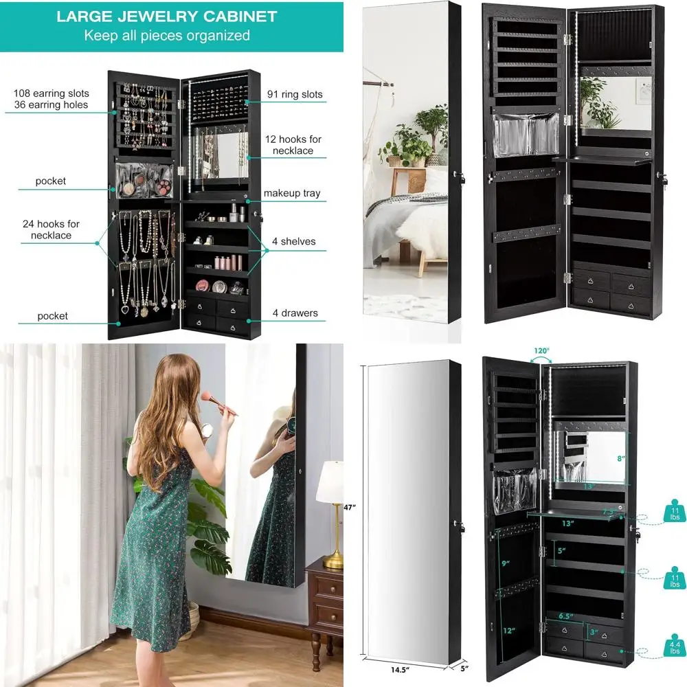 

Черный настенный/дверной светодиодный шкаф для ювелирных изделий с зеркалом 47,2, откидным подносом, 4 ящиками и большим хранилищем