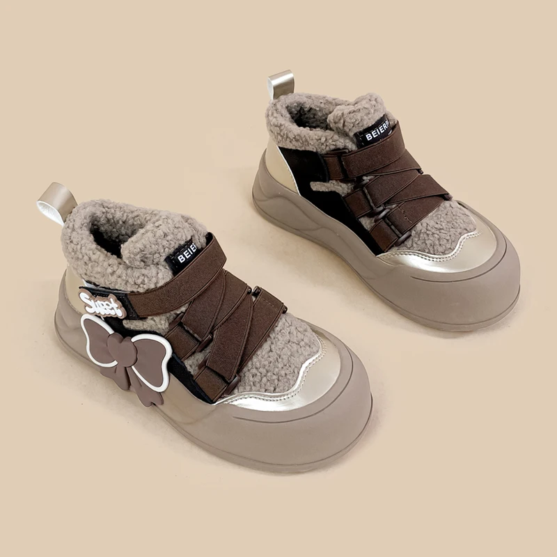 Amy and Michael Lovely Girls High Top Casual Chunky Sneakers Women Winter Keep Warm Plush Shoes Kawaii Cotton Padded Shoes