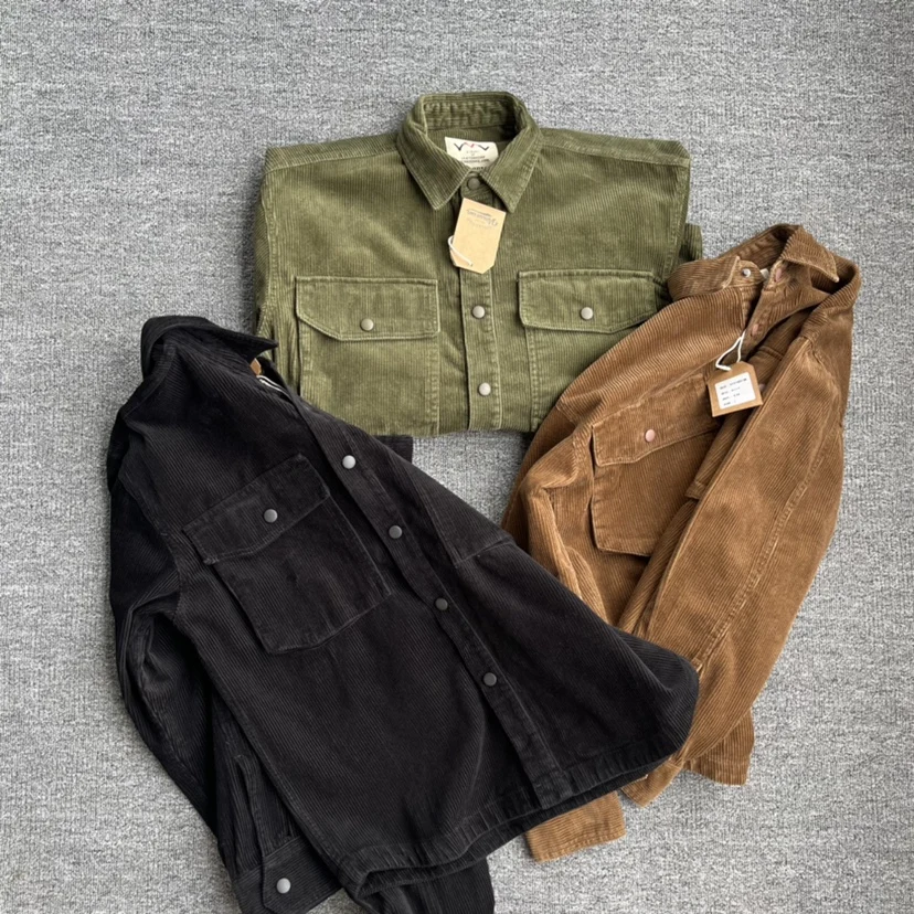 Autumn Winter Vintage Dense Corduroy Shirts Coats for Men Casual Loose Pockets Jackets Y2k Youth Male Snap Buttons Heavyweight