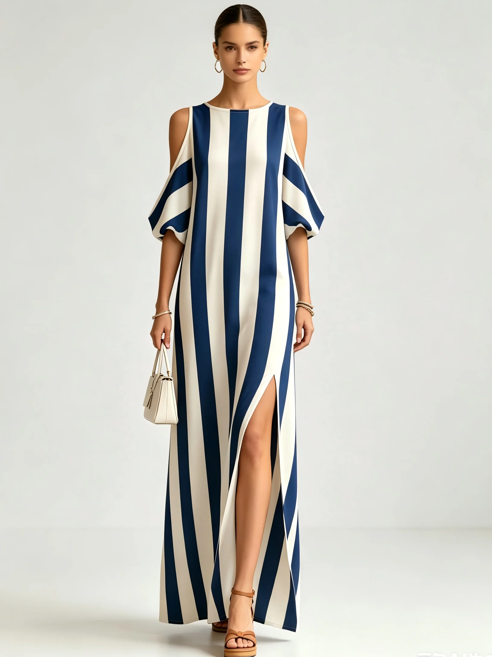 Women's Navy White Vertical Stripe Maxi Dress, Cold Shoulder Bubble Short Sleeve Loose Straight Fit Side Slit Long Tunic Dress,