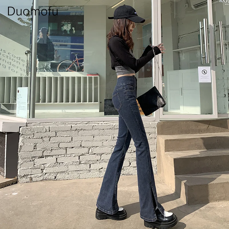 Duomofu-jeans clássico completo para mulheres, chique, dividido, solto, flare, feminino, moda coreana, cintura alta, fino, simples, casual, primavera