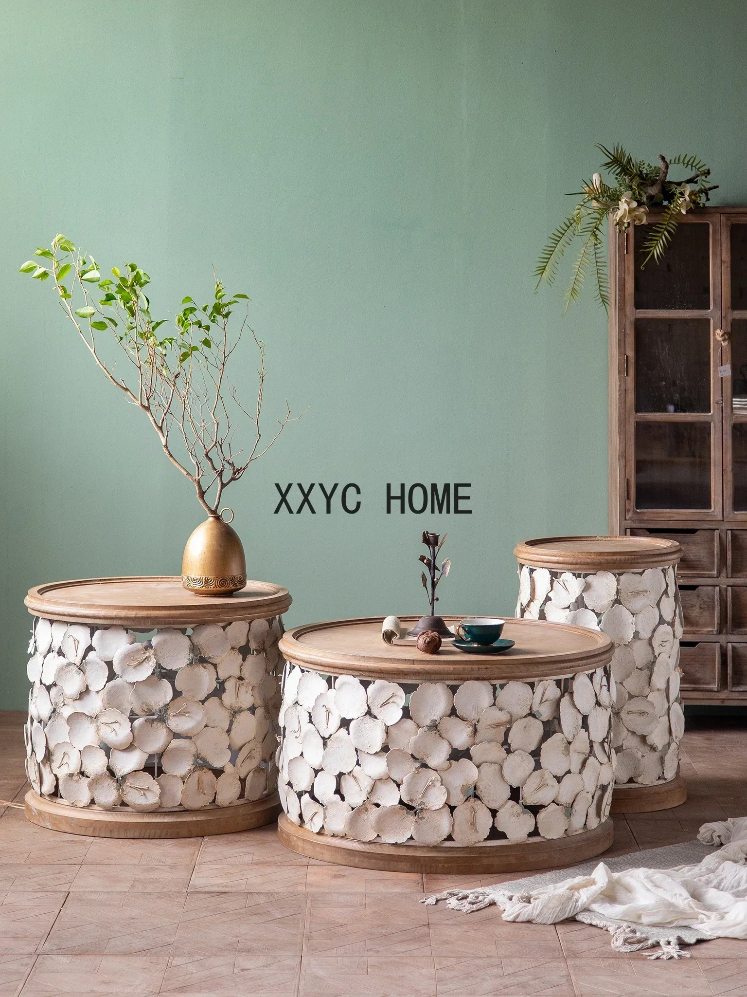 

Solid Wood Combination round Retro Distressed Living Room Small round Table Hotel Side Table