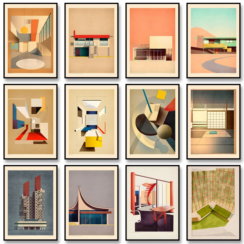 1pc frameless Canvas Painting Vintage Bauhaus Residential Composition Poster Print Classic Canvas Painting Abstract Wall Art Pic