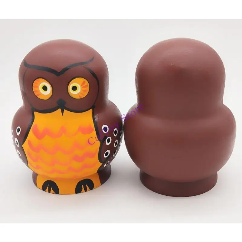 634F 10pcs Cartoon Big Belly Brown Owl Wooden Russia Nesting Dolls Matryoshka