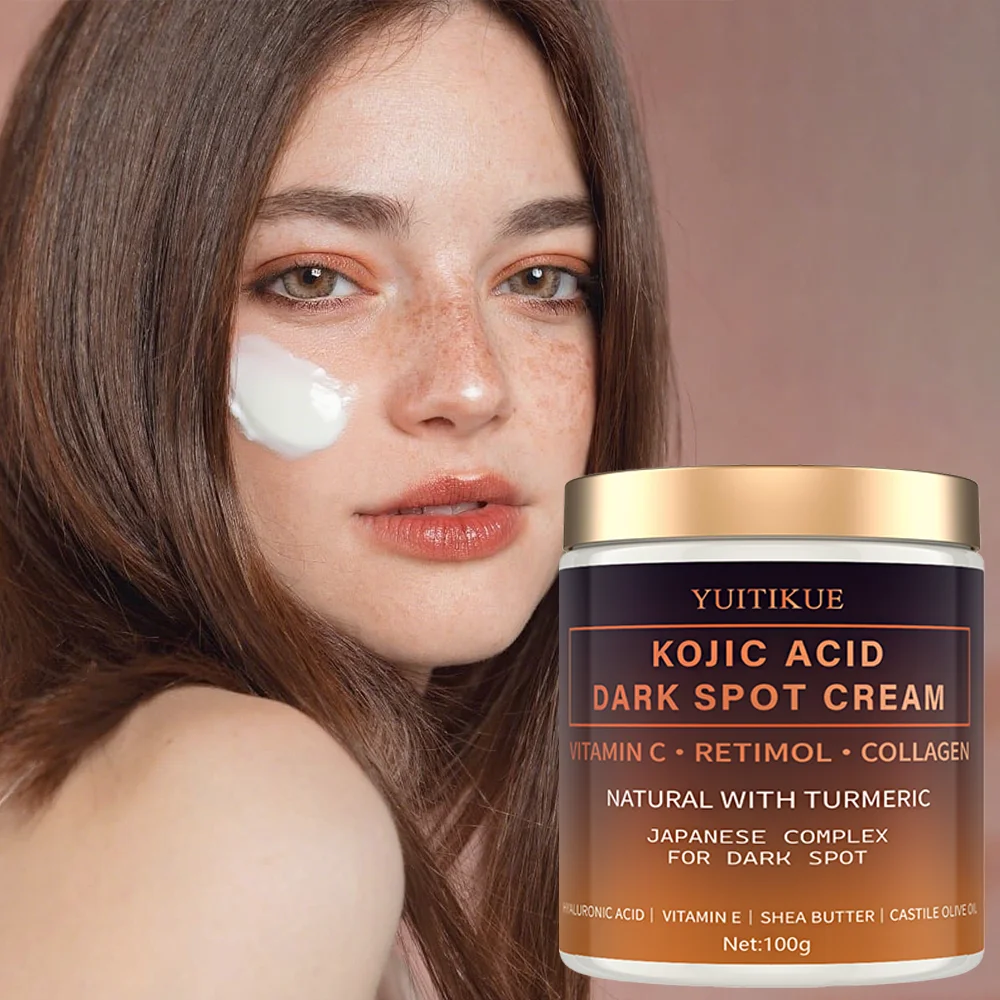 Creme desbotado de arbutina, vitamina C, retinol, colágeno, curcina natural, ácido hialurônico, vitamina E, manteiga de karité, óleo de oliva de rícino.