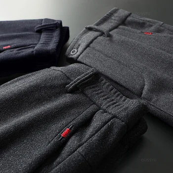 Autumn Winter Men's Casual Pants Solid Color Business Elastic Waist Slim Fit Stretch Thick Gray Black Blue Cotton Trousers Male 5