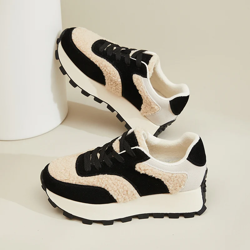 AUTUSPIN Winter Warm Sports Shoes Women New Arrival Genuine Leather Flats Platform Ladies Wool Splicing Sneakers Woman Fashion