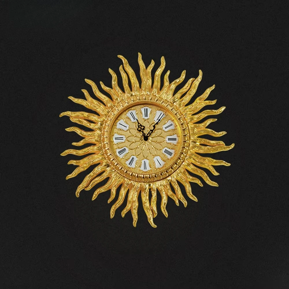 Gorgeous Royal Palace European Style Copper 24K Gold Plated Wall Decorative Hanging Clock Sun Shaped Wall Clock