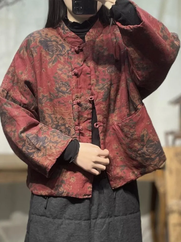 Retro Washed Linen Cotton Jacket Women's Winter Ethnic Style Printed Zen Tang Suit Cotton Padded Jacket Outerwear