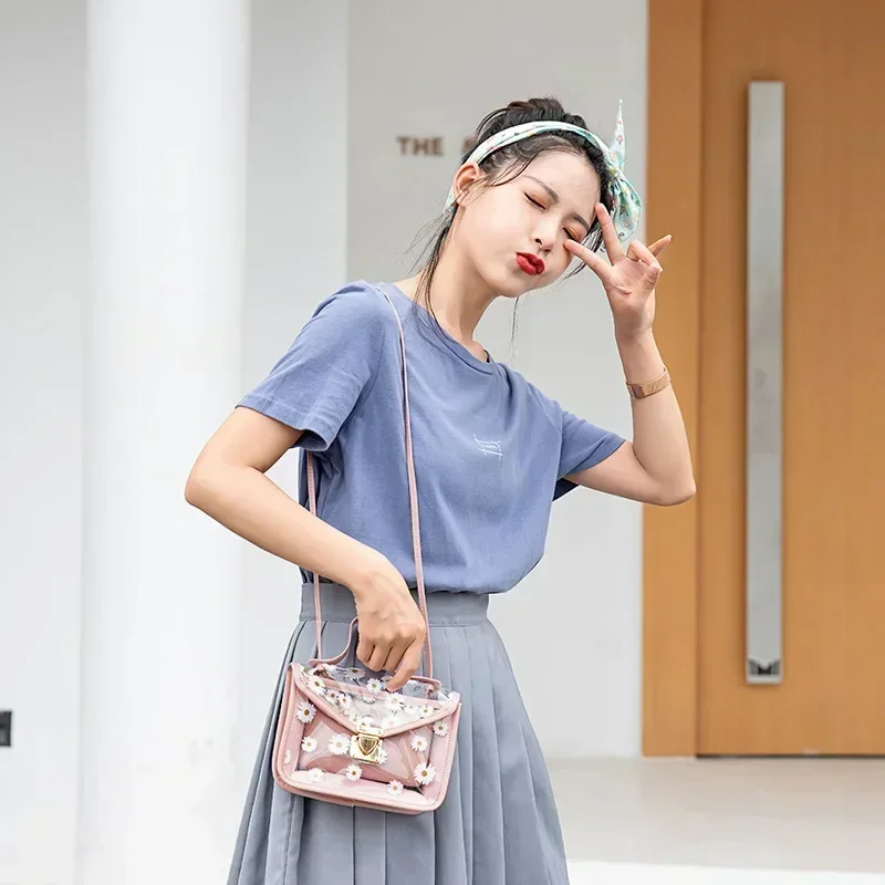 Fashion Transparent Daisy Pattern Shoulder Bag for Women Crossbody Casual Trendy Phone Chain Bag Handbag Designer 2pcs Set Bags