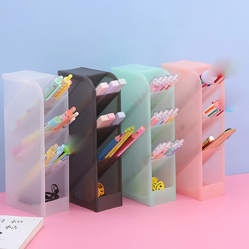 4Grid Macaron Color Oblique Insertion Desktop Organizer Pen Holder Pencil Makeup Brush Storage Box School Stationery