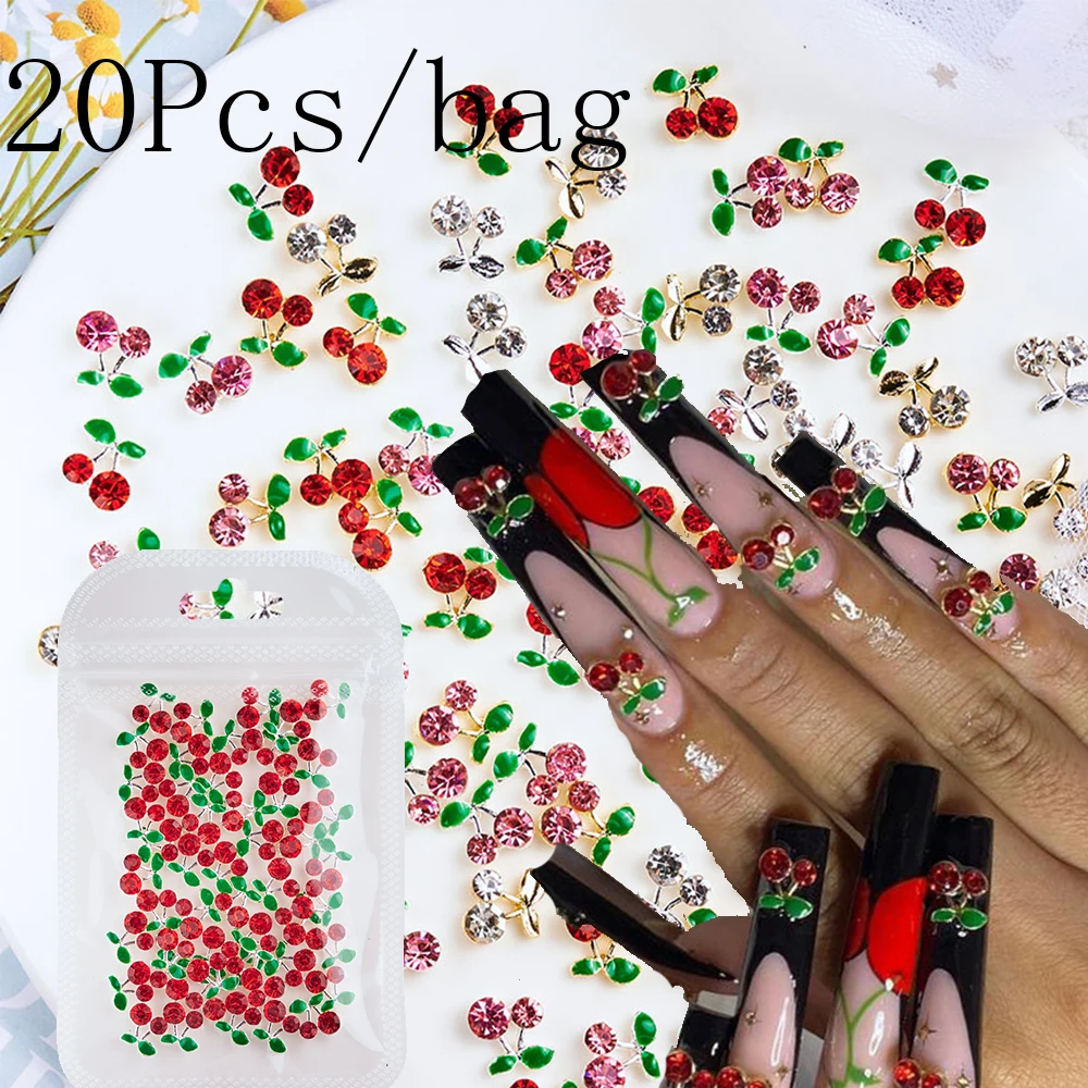 20Pcs Glitter Diamond Cherry 3D Nail Charms 8*11mm Pink/Red/Clear Crystal Cherry Nail Art Decoration DIY Christmas Alloy Cherry