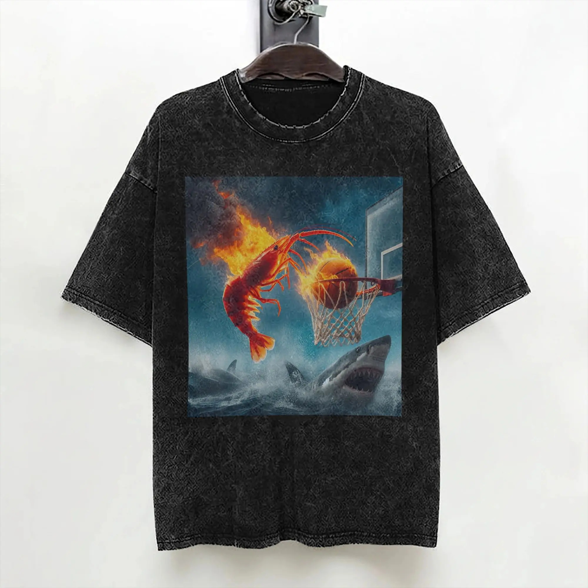 Shrimp Dunking on Shark Meme  T Shirt Washed 100% Cotton High Street T-Shirt  Fashion Men Women Streetwear Summer Tees