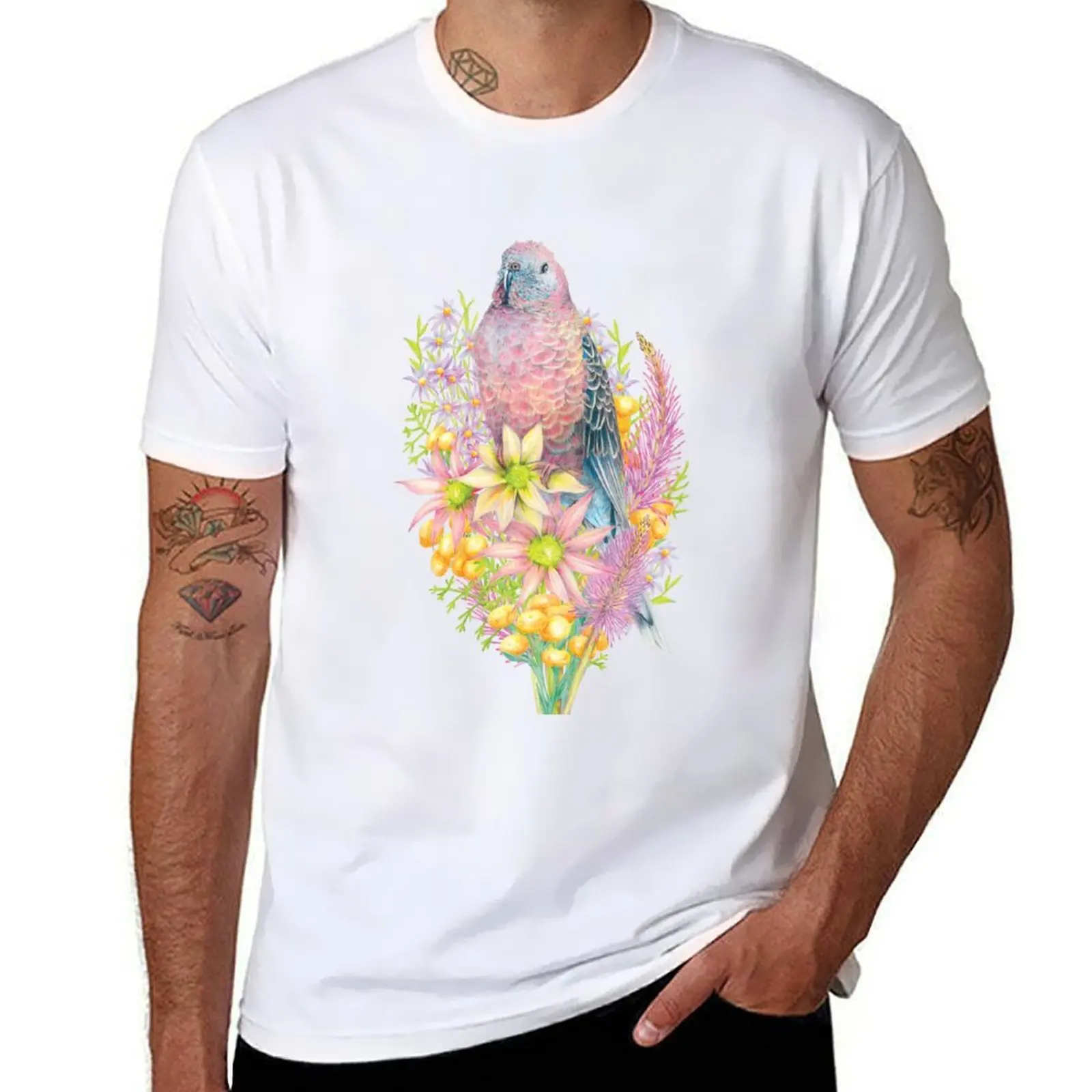 

Bourke Parrot - Australian Outback Bird + Wildflowers T-Shirt t shirts for man cotton soft t shirt man luxury T-Shirt