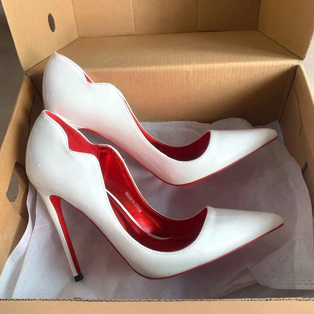 Women Sexy 12cm Pumps Stilettos Glossy Patent Red White Side V Cut High Heels Pointed Toe Wedding Curl Cut Black Dress Shoes