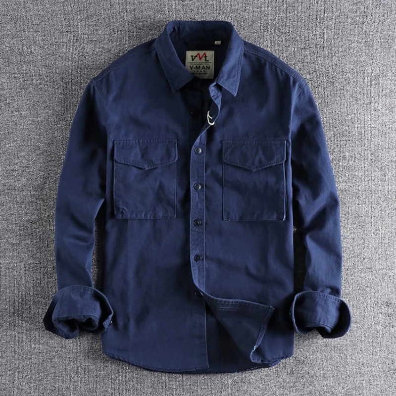 Vintage Style Men's Full Sleeve Cargo Shirts Solid Color Multi-Pockets Loose Casual Shirts Outdoor Cotton Shirts