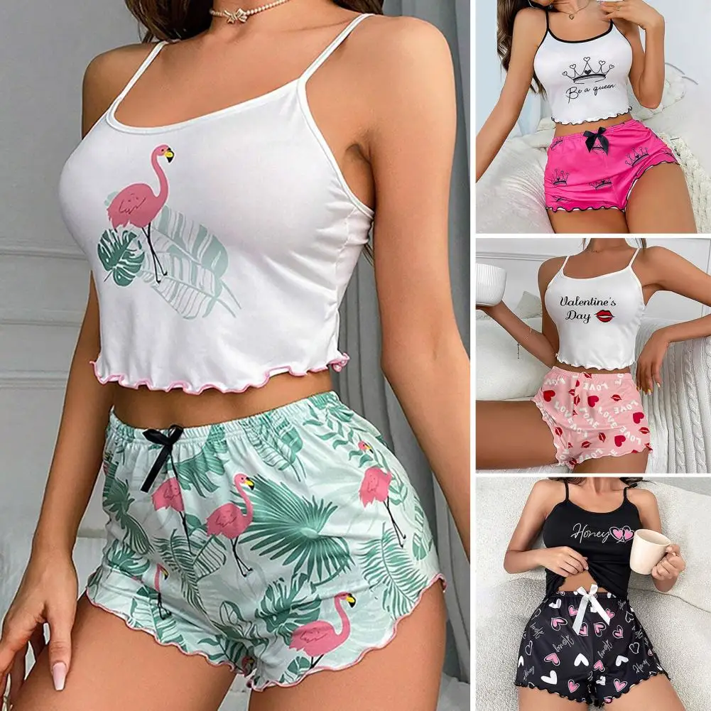 Women Pajama Set Women's Summer Pajamas Set with Shirring U Neck Spaghetti Strap Crop Top High Waist Shorts for Nighttime