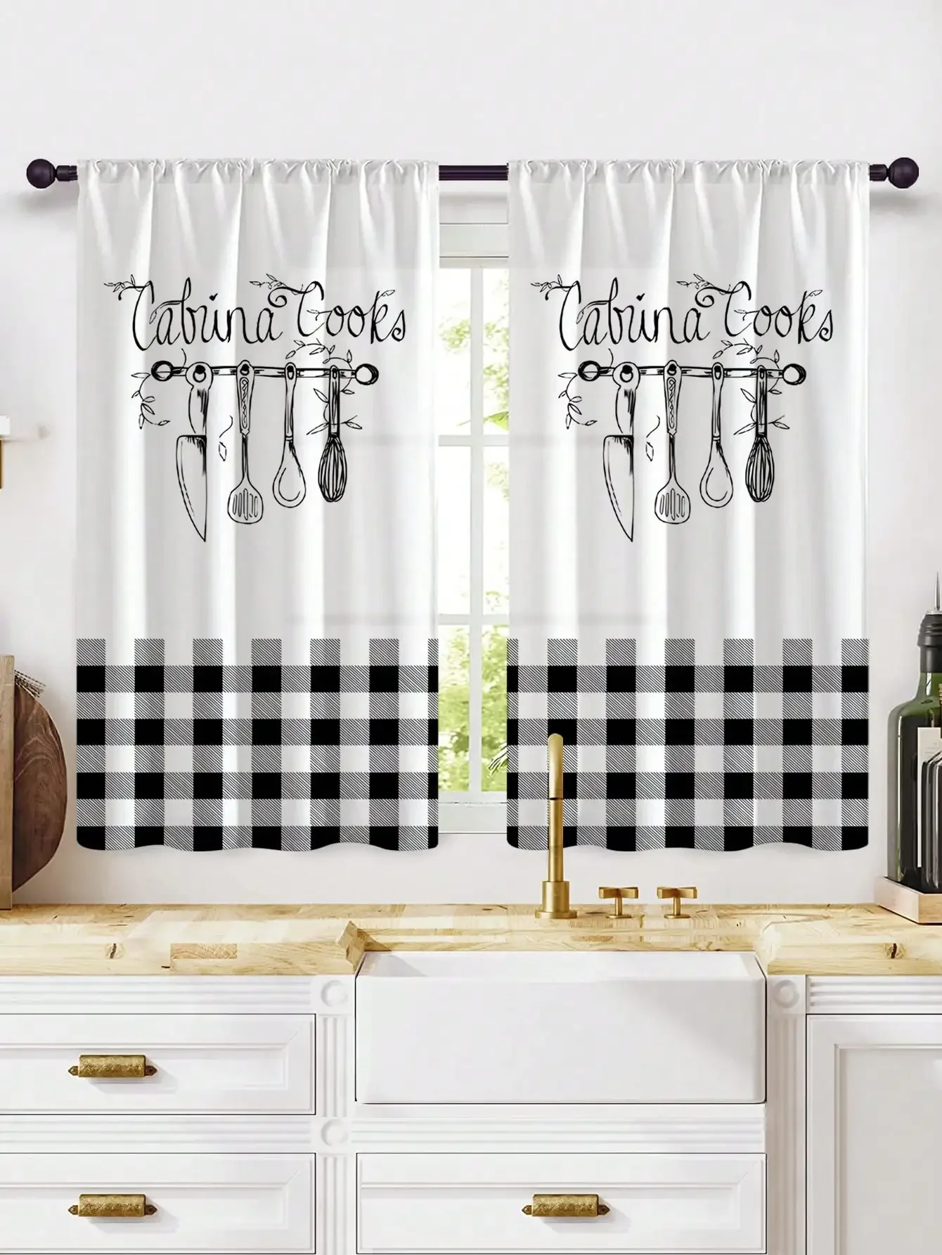 2Pcs Rustic Cooking Kitchen Utensils Plaid Curtains Farmhouse Country Window Treatment for Living Room Luxury Home Decoration