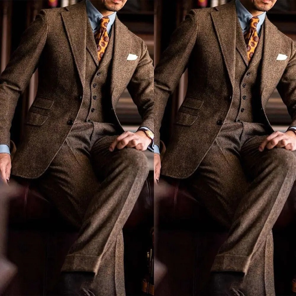 

Men Suits Tweed 3 Pieces Slim Fit Coat Pants Prom Tuxedos Wedding Formal Work