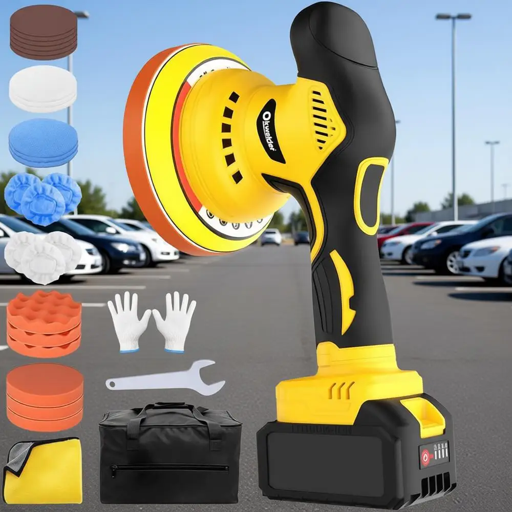 

6-дюймовая орбитальная полировальная машинка DA с 2 аккумуляторами 3.0 Ач 21 В, 5500 об/мин и 8 режимами для детейлинга, вощения, полировки, шлифовки