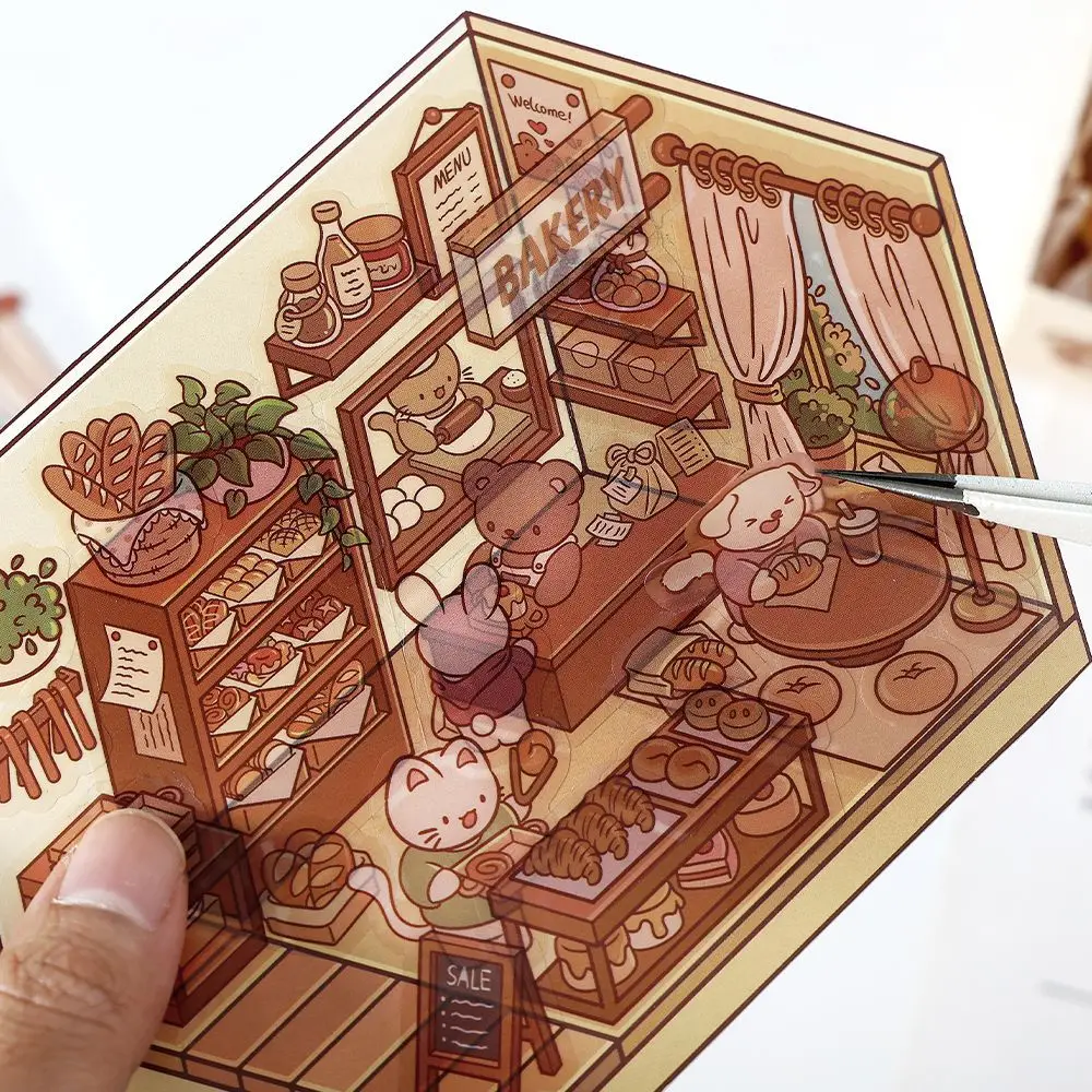 Desenhos animados cena em miniatura paisagismo adesivos, cabine 3D adesivos, empilhamento e colagem, conta de mão, presente bonito para criança, criança, bricolage