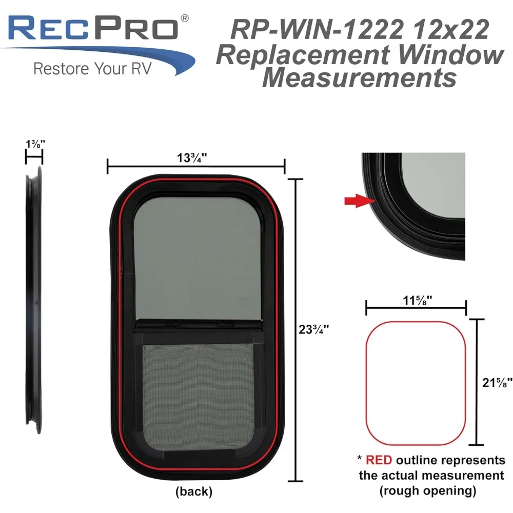 استبدال نافذة RV ذات الشريحة العمودية على شكل دمعة، 12 وات × 22 ساعة، مع مجموعة أدوات اختيارية 1.5