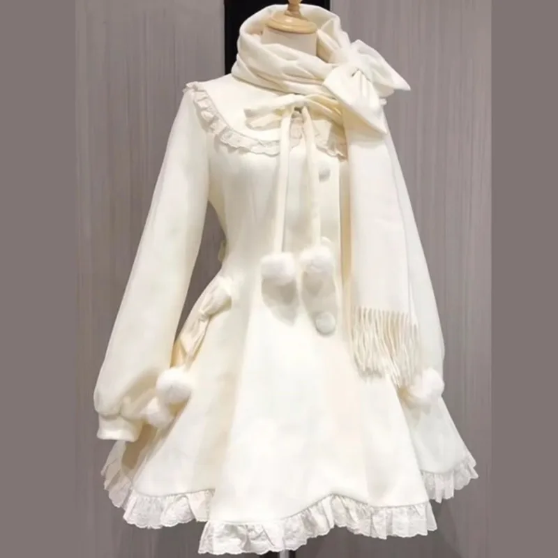Bow Dresses Midi Dresses Chic Fall Winter Wool Coat Scarf Set Sweet Petite Women Two-Piece Outfit Elegant Soft Warm Layered Set