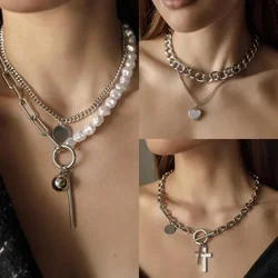 Gothic Cross Pendant Necklace Choker Charm Vintage Imitation Pearl Beaded Necklace Sweater Chain European and American Jewelry