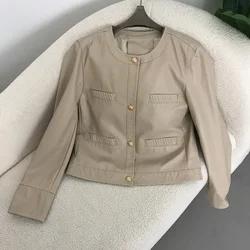 Single Breasted Solid Color Pu Coat New Faux Leather Short Jacket Women Fashion Vintage Spring Autumn High Street O-neck